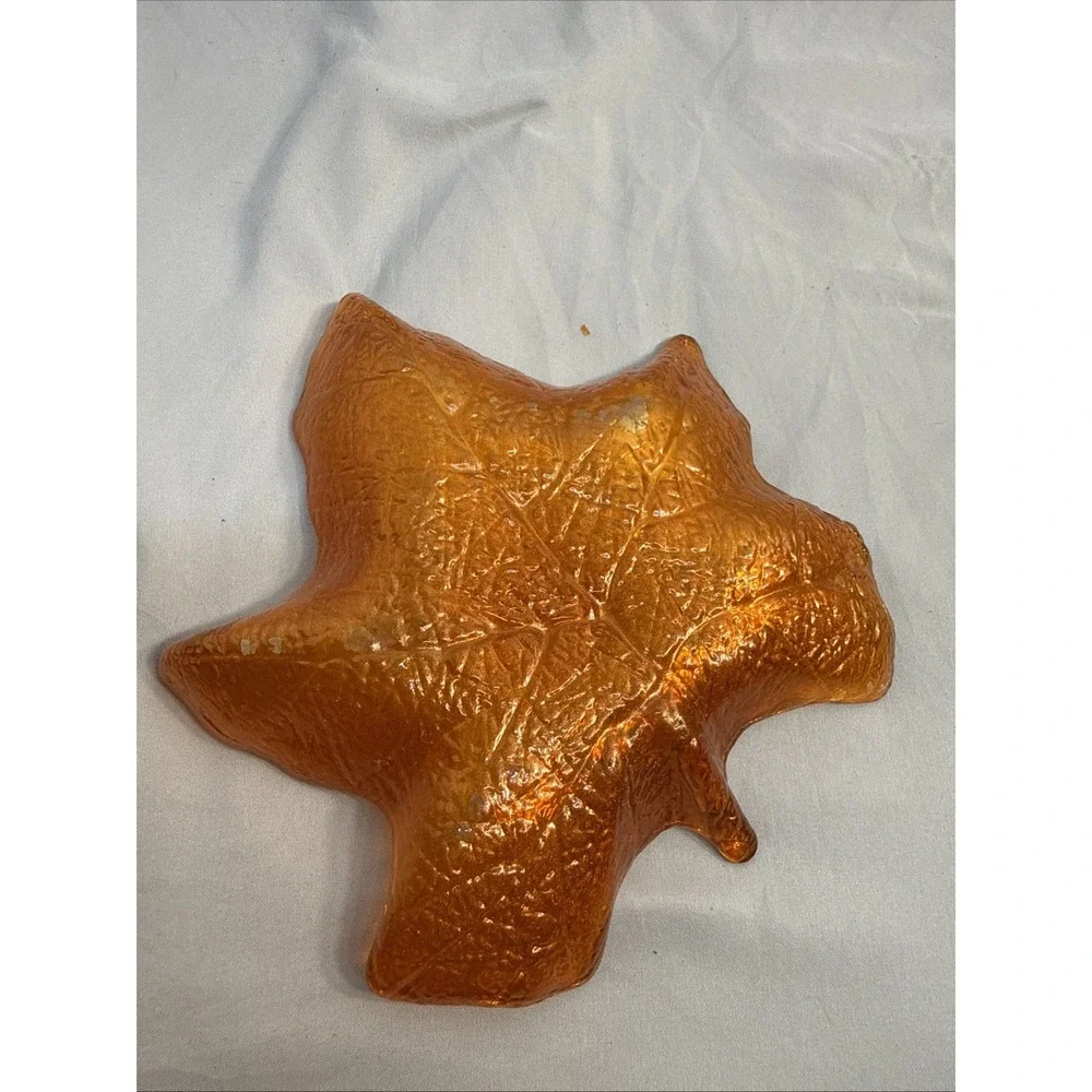 Vintage Iridescent Marigold Art Glass Maple Leaf Dish Candy Bowl Fall Decor